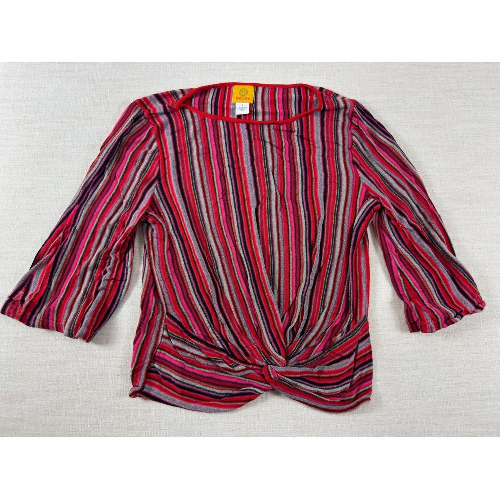 Ruby Rd Womens Large Red Pink Metallic Stripe Twist Front 3/4 Sleeve Knit Top